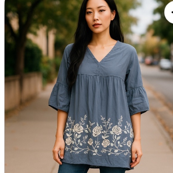 Womens Magnolia Blue Women’s Embroidered Boho Tunic Dress Size L - Picture 1 of 8